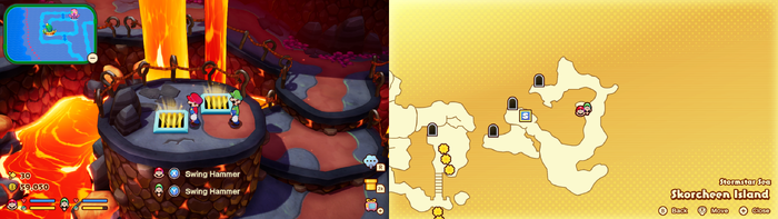 Mario and Luigi near 2 vents containing 60 Five Coins on Skorcheen Island of Mario & Luigi: Brothership.
