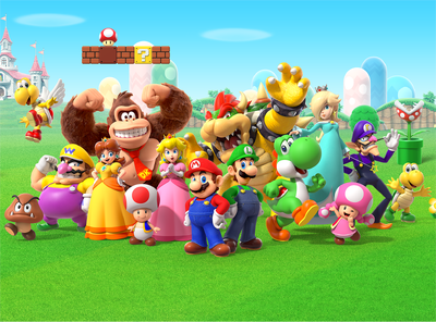 Promotional illustration of major recurring characters in the Super Mario franchise