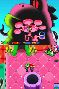 Screenshot featuring the Mario Bros. inside Yoob's belly in Mario & Luigi: Partners in Time