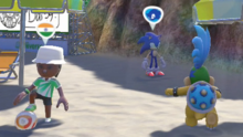 Larry Koopa, Sonic the Hedgehog and a Mii at Copacabana Beach in the Wii U version of Mario & Sonic at the Rio 2016 Olympic Games.