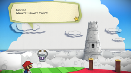 The colorless Crimson Tower from Paper Mario: Color Splash
