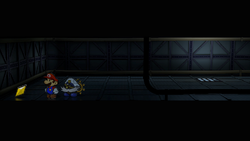 Mario getting the Star Piece on the ceiling of sublevel 2 of X-Naut's Fortress in the remake of the Paper Mario: The Thousand-Year Door for the Nintendo Switch.
