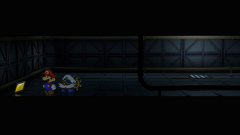 Mario getting the Star Piece on the ceiling of sublevel 2 of X-Naut's Fortress in the remake of the Paper Mario: The Thousand-Year Door for the Nintendo Switch.