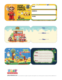 Printable sheet with backpack tags featuring Super Mario Maker, Animal Crossing: Happy Home Designer, and Yoshi's Woolly World branding