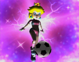 Princess Peach using her Super Strike, the Royal Strike, in Super Mario Strikers.