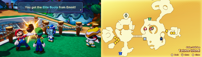 Mario being given an Elite Boots by Emmit on Twistee Island of Mario & Luigi: Brothership.