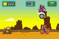 The Wario Hop mini-game, where Wario is riding a tire in the middle of the desert, jumping over obstacles.