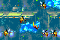 Dixie Kong floating up through a couple of Zingers in Windy Well in the Game Boy Advance port of Donkey Kong Country 2: Diddy's Kong Quest