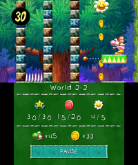 Smiley Flower 5: In the third Fake Yoshi puzzle room, in the pink doors to the right of the area after Pink Yoshi uses a large Spring Ball activated by a hidden Winged Cloud.