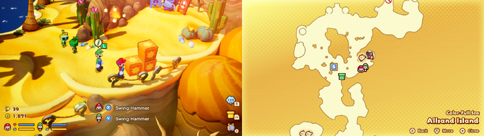 Mario and Luigi near wooden crates containing a Coin and a Five Coin on Allsand Island of Mario & Luigi: Brothership.