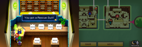 Mario getting the Rescue Suit from Miles Tones in the town part of Beanbean Castle of Mario & Luigi: Superstar Saga + Bowser's Minions.
