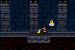 Mario finding Thunder Rage in Bowser's Castle of Paper Mario.