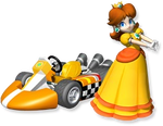 Artwork of Princess Daisy with her standard kart from Mario Kart Wii