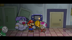Mario getting Coins from Jolene after the match in the minor league in Glitz Pit of Paper Mario: The Thousand-Year Door for Nintendo Switch.
