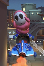 Pink Shy Guy performing a trick.