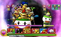 Screenshot of Bowser and His Minions and Bowser Jr., at World 8-Bowser's Castle, from Puzzle & Dragons: Super Mario Bros. Edition.