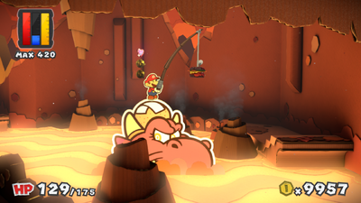 Mario and Draggadon near 2 Coins and a Heart in Redpepper Volcano of Paper Mario: Color Splash.
