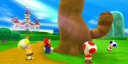 Peach's Castle in Super Mario 3D Land, from the inside (note that this picture is taken from the Japanese website for the game) and outside respectively.