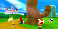 Mario and Toads looking up the Tanooki Leaf tree.