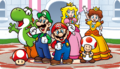 Mario, Luigi, Yoshi, Peach, Daisy, Toad, and a Super Mushroom
