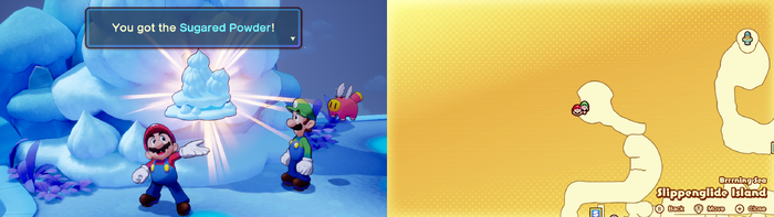 Mario and Luigi collecting some Sugared Powder on Slippenglide Island of Mario & Luigi: Brothership.