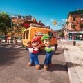Mario and Luigi in Brooklyn in front of their plumbing van, with Pauline visible in the background