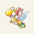 Artwork of Yellow Yoshi using the Flutter Wings, from Yoshi's New Island.