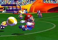 Toad tackling Mario in a pre-release screenshot of Super Mario Strikers