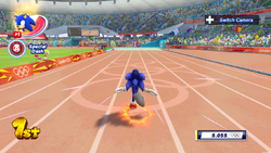 A screenshot of 100m of Mario & Sonic at the London 2012 Olympic Games