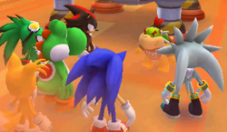 Bowser Jr. argues with Yoshi, Shadow, Silver, Sonic, Tails, and Jet