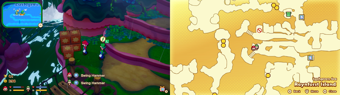 Mario and Luigi near wooden crates containing 3 Coins on Raynforst Island of Mario & Luigi: Brothership.