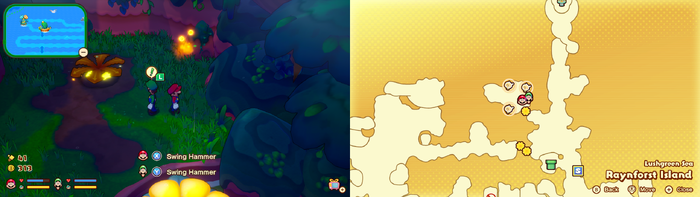 Mario and Luigi near a Golden Plug Radish containing 6 L Coins and 6 M Coins on Raynforst Island of Mario & Luigi: Brothership.