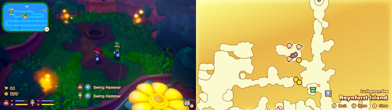 Mario and Luigi near 3 Sprite Bulb Nests on Raynforst Island of Mario & Luigi: Brothership.