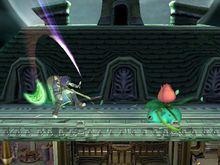 Ivysaur using Razor Leaf on Marth in Super Smash Bros. Brawl.