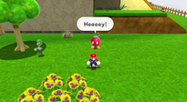 Mario near a Bob-omb Buddy in the Throwback Galaxy