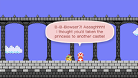 Mario costumed as Bowser encounters Toad after the 100 Mario Challenge on Easy setting (as well as the 10 Mario Challenge)