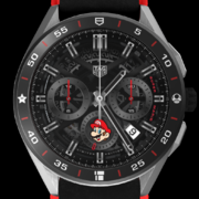 The dark watchface, showing a traditional dark grey chronograph with slight red accents, and a classic 2D Mario's head on the bottom