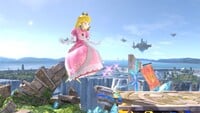Peach floating backward on Battlefield in Super Smash Bros. Ultimate.
