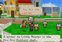 Mario receiveing a Letter from Miss T. in Toad Town of Paper Mario.