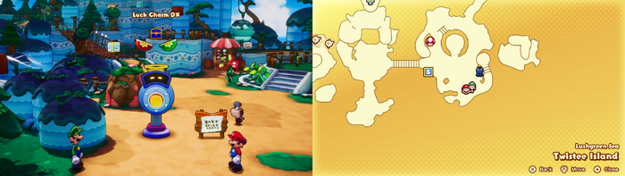 Mario and Luigi being given a Luck Charm DX accessory by the Concordia Hammer-Rally machine on Twistee Island of Mario & Luigi: Brothership.