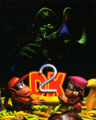 Diddy and Dixie holding a banana in front of a "DK2" logo and Kaptain K. Rool