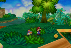 Mario finding a Coin from a bush in Jade Jungle of Paper Mario.