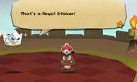 Screenshot of Kersti and Megasparkle Goomba, from Paper Mario: Sticker Star.