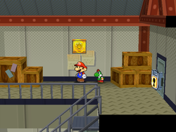 Mario next to the Shine Sprite on the second floor of Glitz Pit's storeroom in Paper Mario: The Thousand-Year Door.