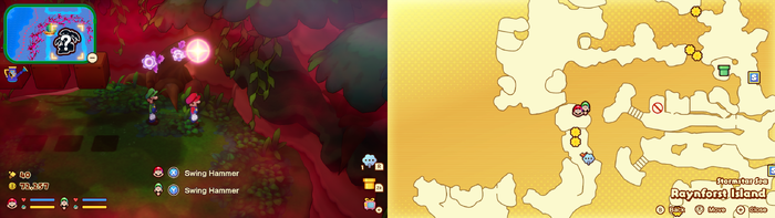 Mario and Luigi near the Pep-Up Fruit on Raynforst Island of Mario & Luigi: Brothership.