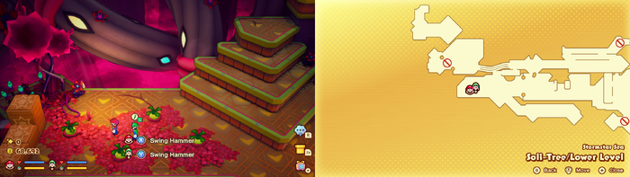 Mario and Luigi near 4 Plug Radishes containing 20 Coins in Soli-Tree of Mario & Luigi: Brothership.