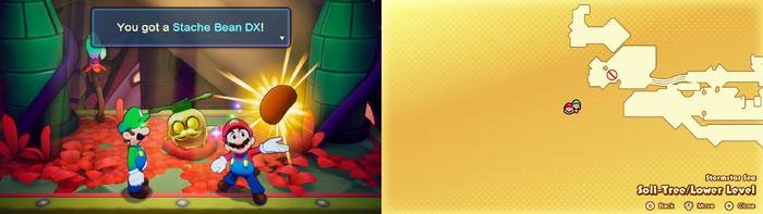 Mario and Luigi getting a Stache Bean DX from the Golden Grampy Turnip in Soli-Tree from Mario & Luigi: Brothership.