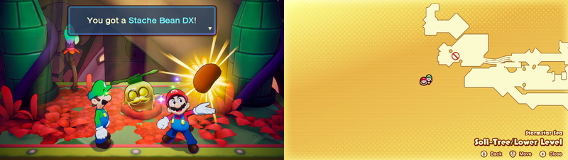 Mario and Luigi getting a Stache Bean DX from the Golden Grampy Turnip in Soli-Tree from Mario & Luigi: Brothership.