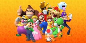 The image that appears on the results screen for the Play Nintendo skill quiz You can't fail this quiz, depicting Wario, Donkey Kong, Luigi, Princess Peach, Mario, Toad, Princess Daisy, Bowser, Yoshi, a Boo, and Waluigi.