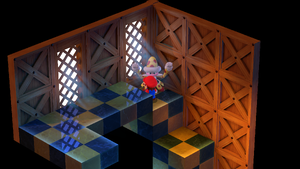 Knife Guy giving Mario rewards after playing his juggling game in the Booster Tower of Super Mario RPG.